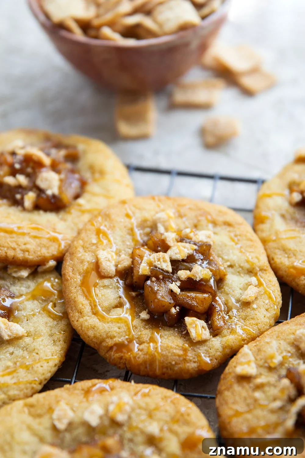 Caramel Apple Pie Cookies: Soft, Chewy Fall Treats 6 Stack of caramel apple pie cookies showing layers and filling